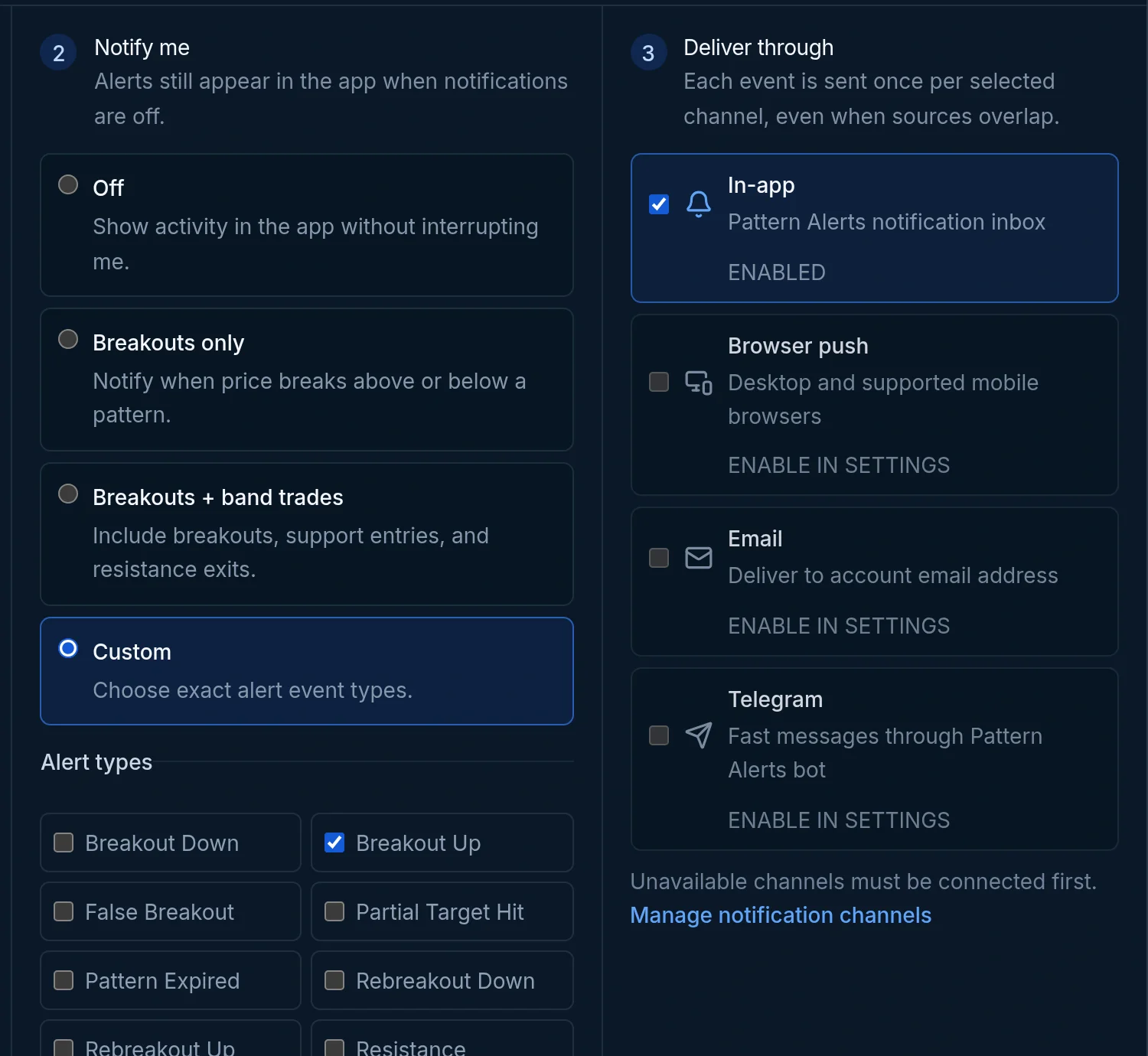 Real Follow Market Scan settings for alert events and notification channels